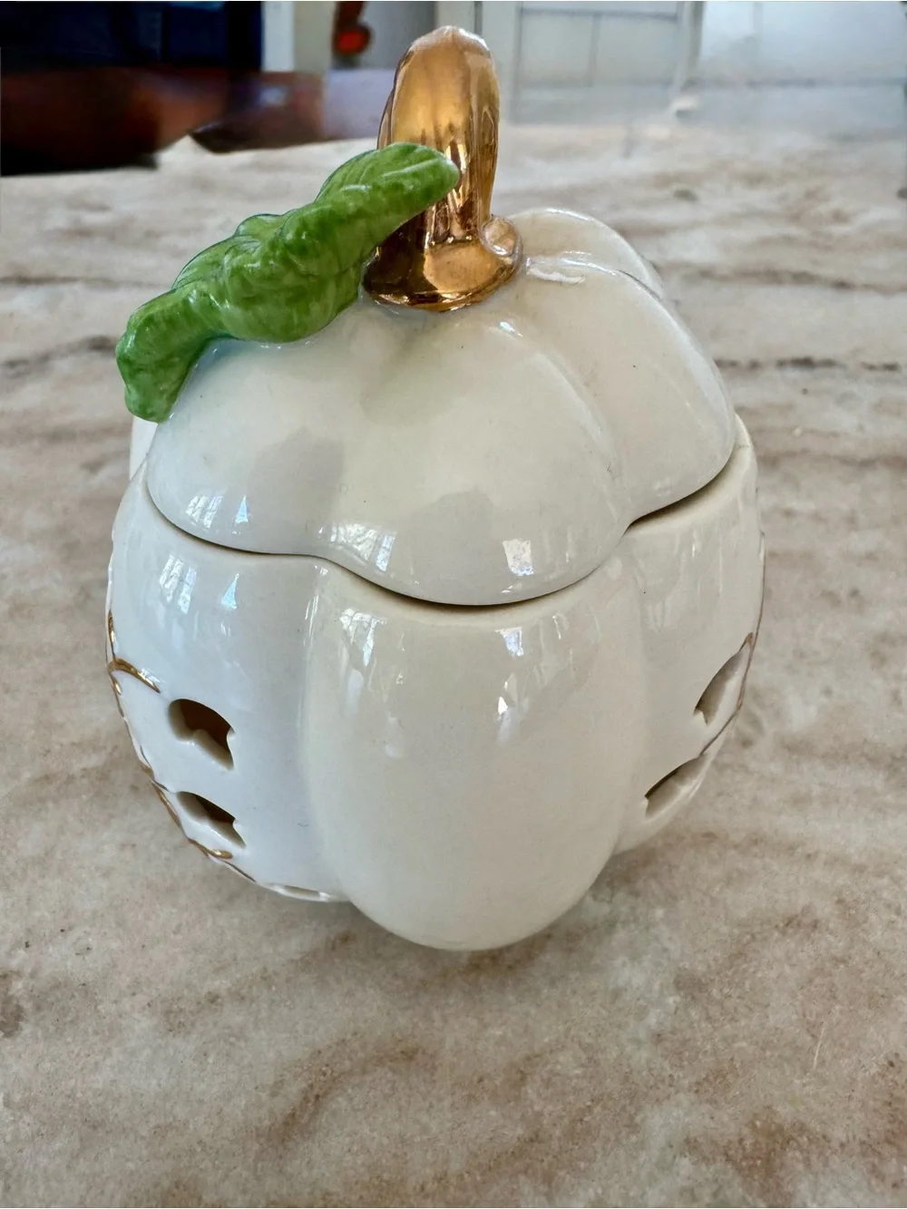 Lenox China Pumpkin Votive Candle Holder with Gold Stem and Green Leaf Accent